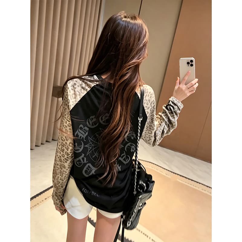 눈꽃 면 아메리칸 산스크리트어 알파벳 레오파드 무늬 긴팔 티셔츠 루즈핏 경량 블라우스 캐주얼 느긋한 맨위 상세 이미지 5