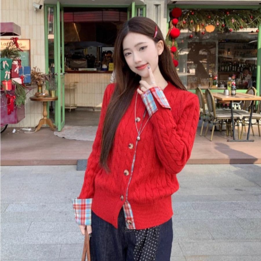한 부서 학원 스타일 체크무늬 패치워크 커프스 꽈배기 니트 오픈 가디건 여성 겨울 새로운 고급 레트로 라운드 넥 스웨터