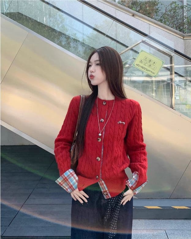 한 부서 학원 스타일 체크무늬 패치워크 커프스 꽈배기 니트 오픈 가디건 여성 겨울 새로운 고급 레트로 라운드 넥 스웨터 상세 이미지 2