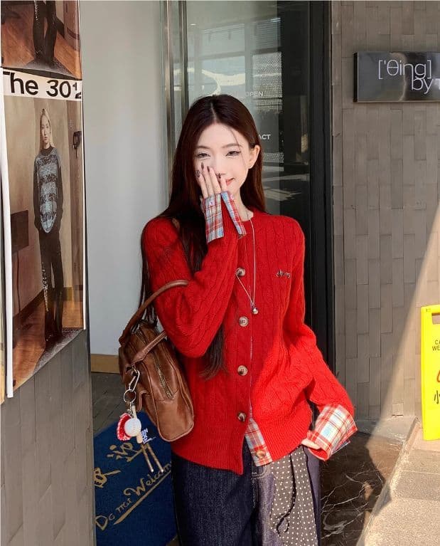 한 부서 학원 스타일 체크무늬 패치워크 커프스 꽈배기 니트 오픈 가디건 여성 겨울 새로운 고급 레트로 라운드 넥 스웨터 상세 이미지 5