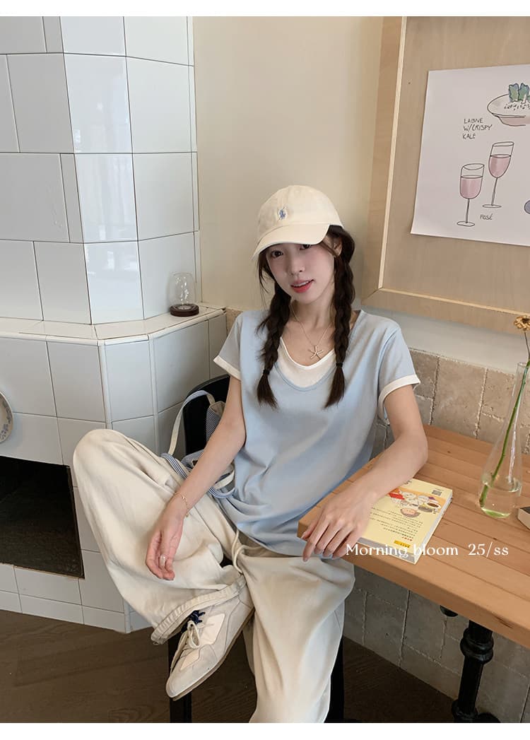눈꽃 면 페이크 레이어드 V넥 반팔 티셔츠 여성 의류 한 부서 루즈핏 디자인 센스 작은 맨위 한국 대외 무역 상세 이미지 6