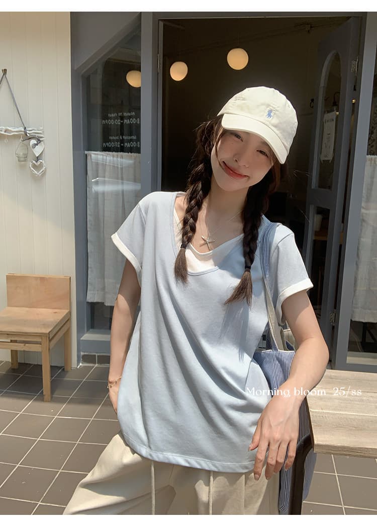 눈꽃 면 페이크 레이어드 V넥 반팔 티셔츠 여성 의류 한 부서 루즈핏 디자인 센스 작은 맨위 한국 대외 무역 상세 이미지 8