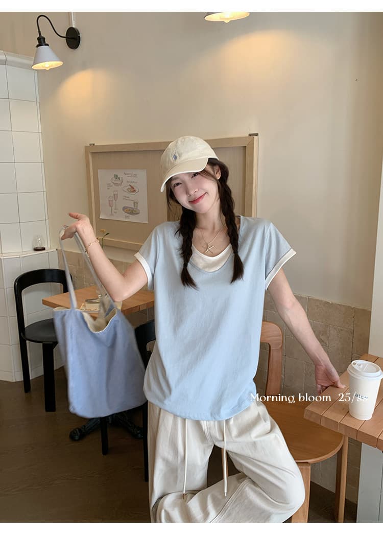 눈꽃 면 페이크 레이어드 V넥 반팔 티셔츠 여성 의류 한 부서 루즈핏 디자인 센스 작은 맨위 한국 대외 무역 상세 이미지 9