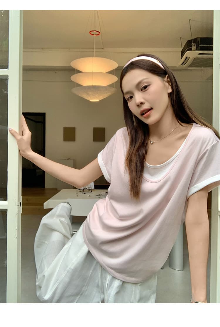 눈꽃 면 페이크 레이어드 V넥 반팔 티셔츠 여성 의류 한 부서 루즈핏 디자인 센스 작은 맨위 한국 대외 무역 상세 이미지 20