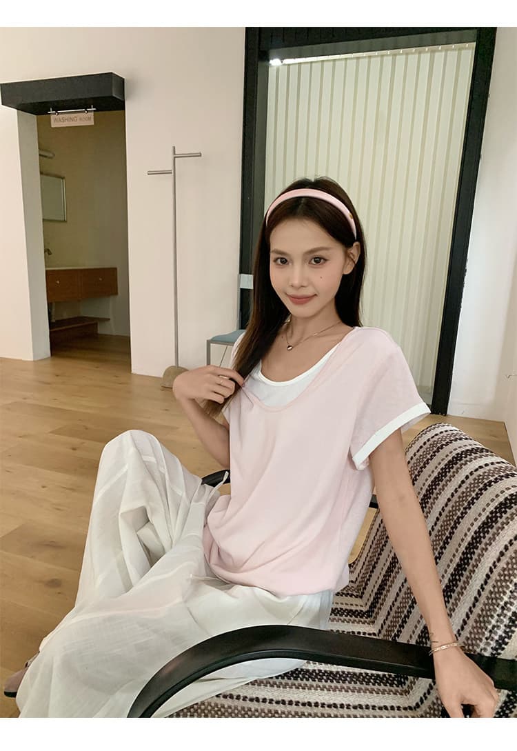 눈꽃 면 페이크 레이어드 V넥 반팔 티셔츠 여성 의류 한 부서 루즈핏 디자인 센스 작은 맨위 한국 대외 무역 상세 이미지 28