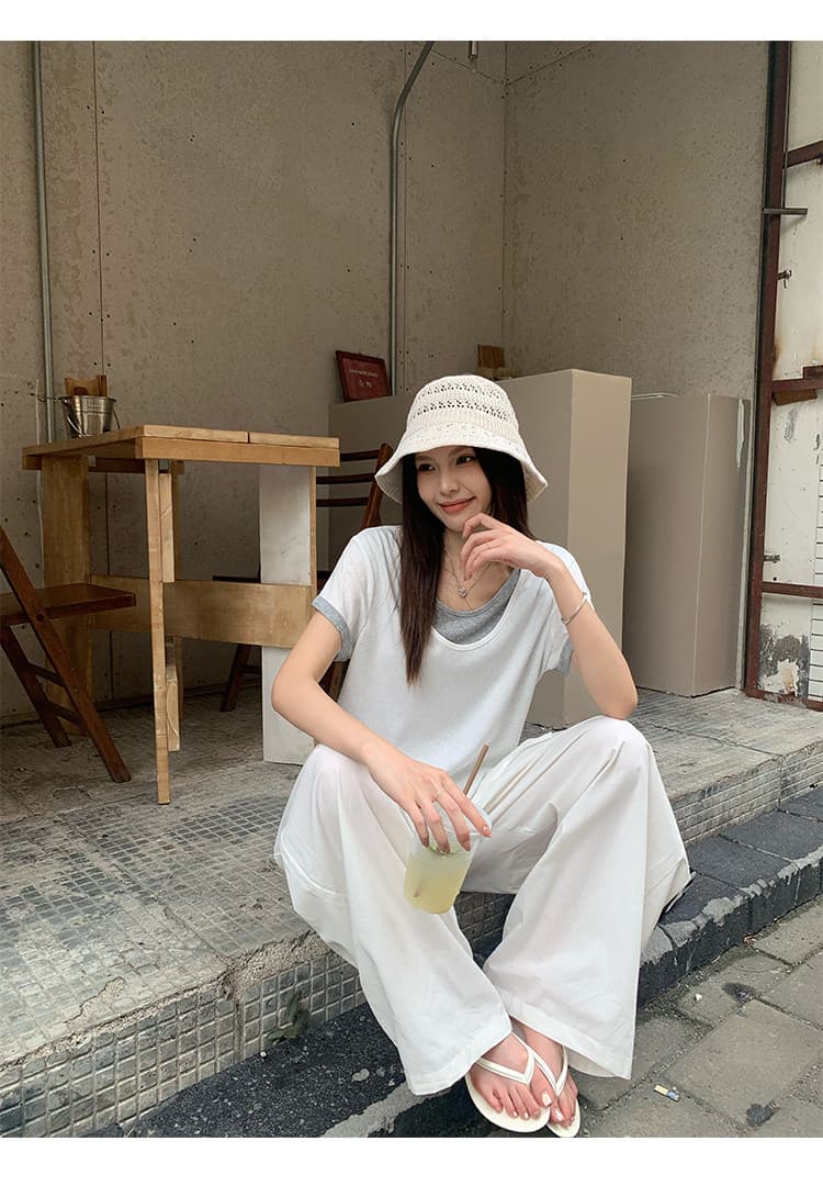 눈꽃 면 페이크 레이어드 V넥 반팔 티셔츠 여성 의류 한 부서 루즈핏 디자인 센스 작은 맨위 한국 대외 무역 상세 이미지 34