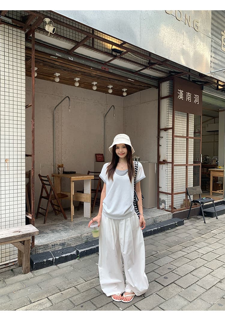 눈꽃 면 페이크 레이어드 V넥 반팔 티셔츠 여성 의류 한 부서 루즈핏 디자인 센스 작은 맨위 한국 대외 무역 상세 이미지 40