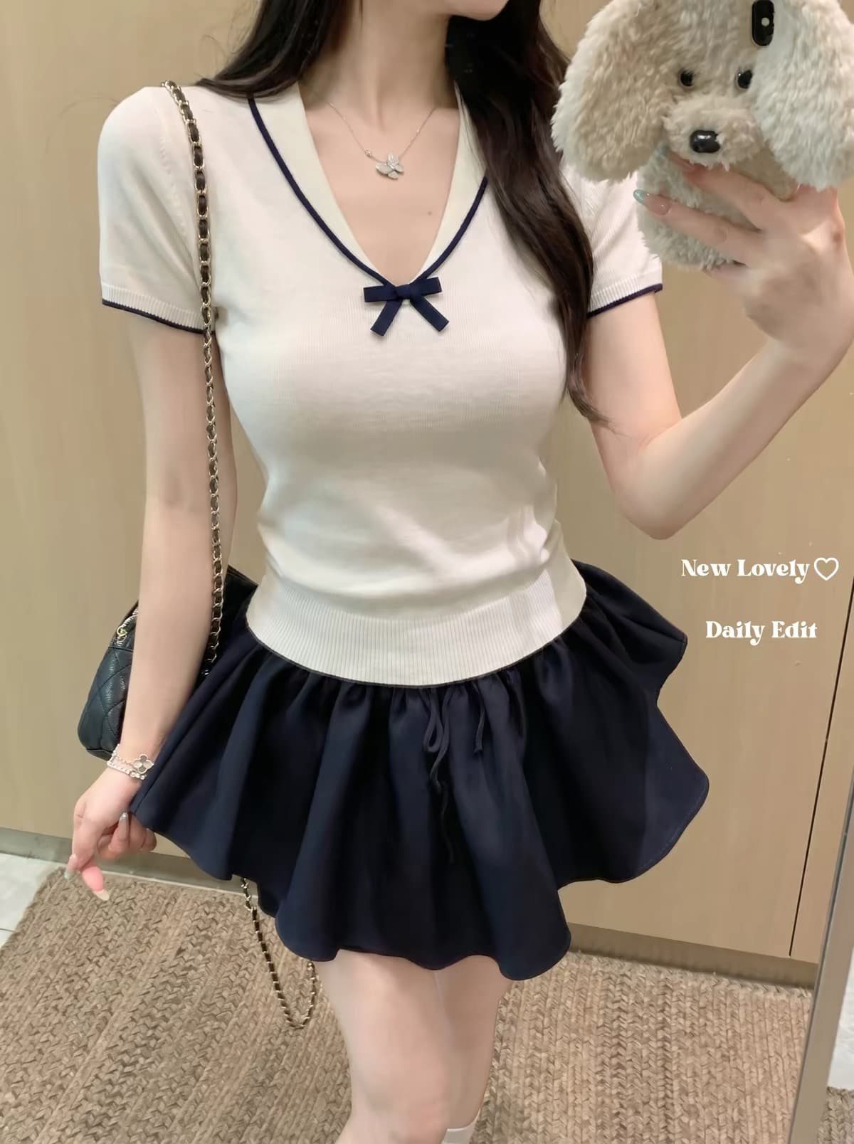 한 부서 소녀 바람 연령 감소 v 반팔 티셔츠 여성 여름 새로운 배색 나비 매듭 다용도 달콤함 허리 수축 맨위 서비스 상세 이미지 2