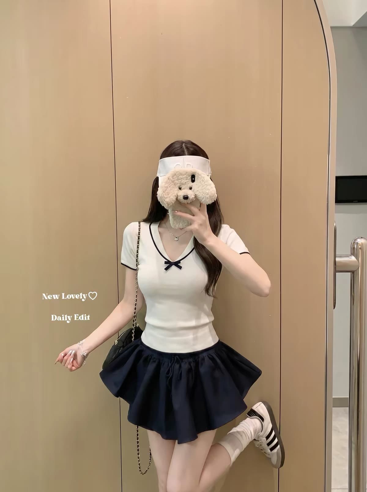 한 부서 소녀 바람 연령 감소 v 반팔 티셔츠 여성 여름 새로운 배색 나비 매듭 다용도 달콤함 허리 수축 맨위 서비스 상세 이미지 4