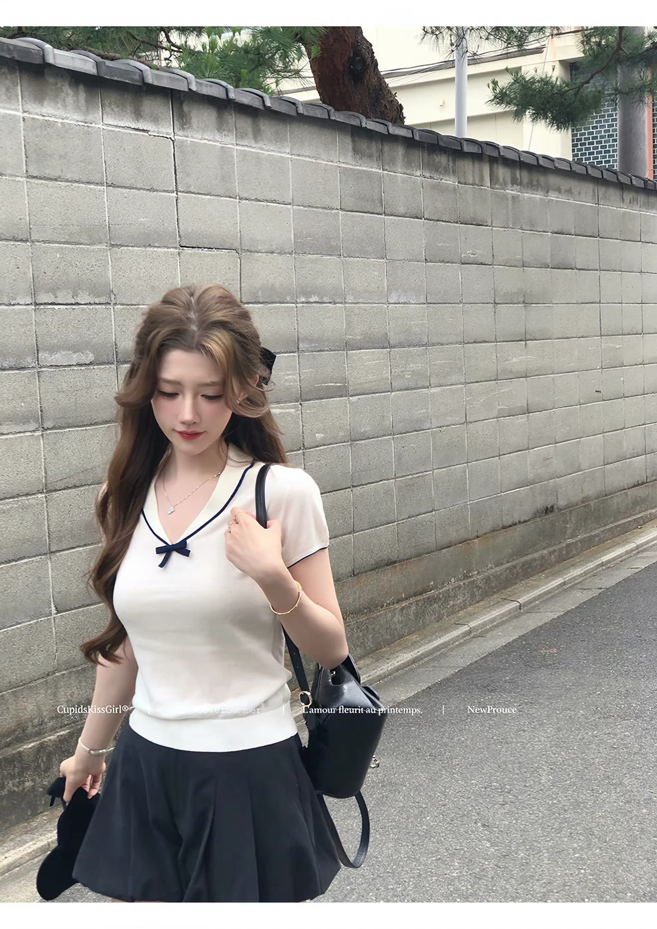 한 부서 소녀 바람 연령 감소 v 반팔 티셔츠 여성 여름 새로운 배색 나비 매듭 다용도 달콤함 허리 수축 맨위 서비스 상세 이미지 8