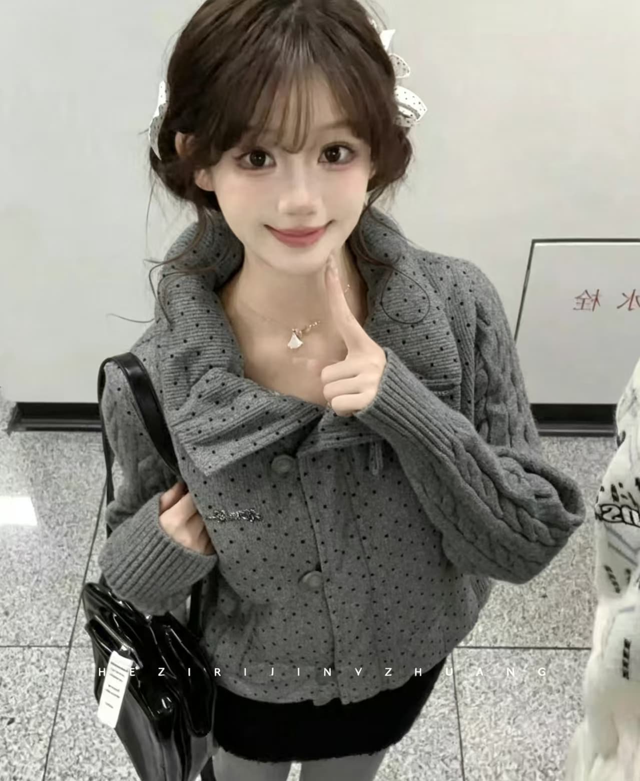 한 부서 달콤함 도트 무늬 니트 패치워크 긴팔 면 의류 여성 코트 겨울 루즈핏 두꺼운 쇼트 스타일 보온 패딩 재킷 상세 이미지 10