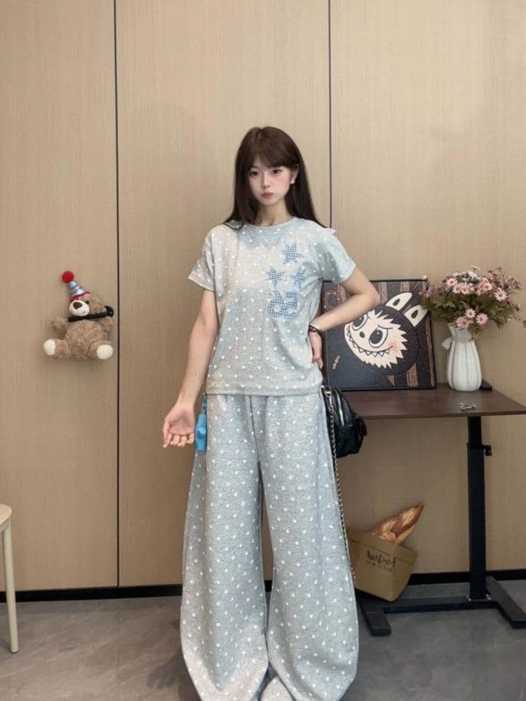 보내기 온 후크 아메리칸 별 캐주얼 두 조각 여성 세트 여름 반팔 티셔츠 와이드 레그 팬츠 세트 한국 대외 무역 국경 간