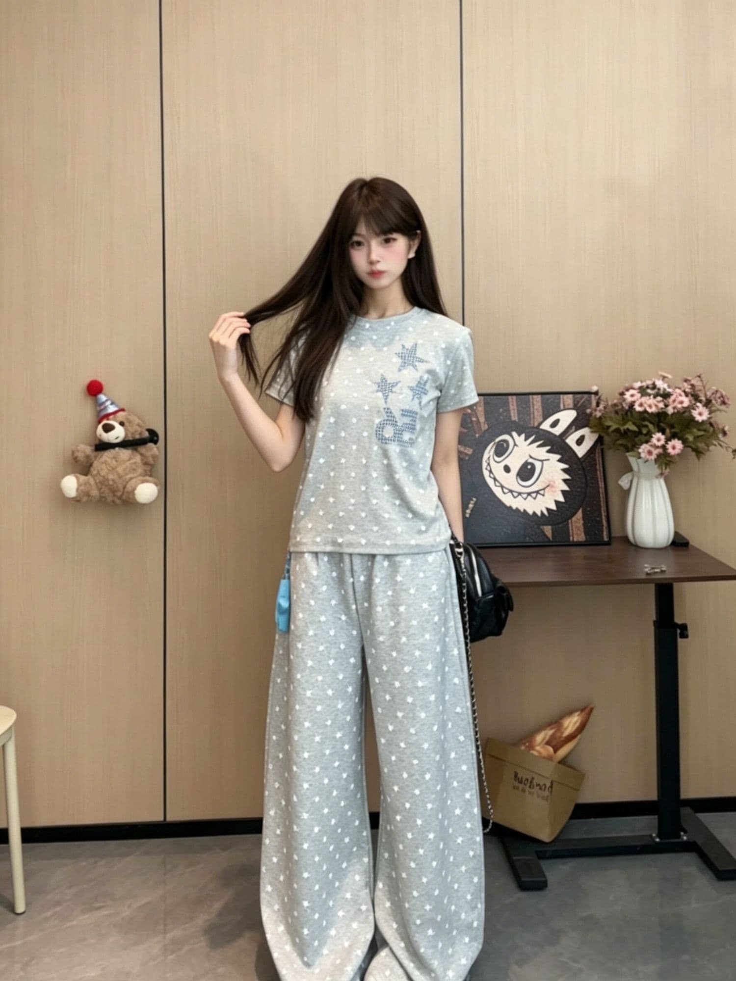보내기 온 후크 아메리칸 별 캐주얼 두 조각 여성 세트 여름 반팔 티셔츠 와이드 레그 팬츠 세트 한국 대외 무역 국경 간 이미지 3