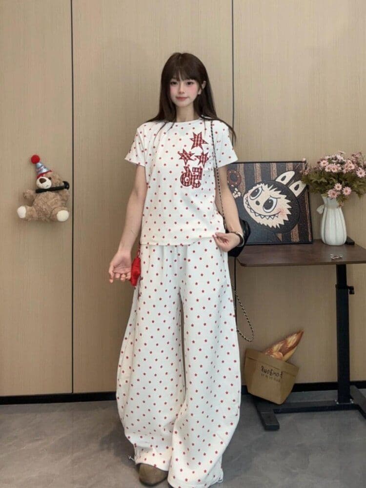 보내기 온 후크 아메리칸 별 캐주얼 두 조각 여성 세트 여름 반팔 티셔츠 와이드 레그 팬츠 세트 한국 대외 무역 국경 간 이미지 2