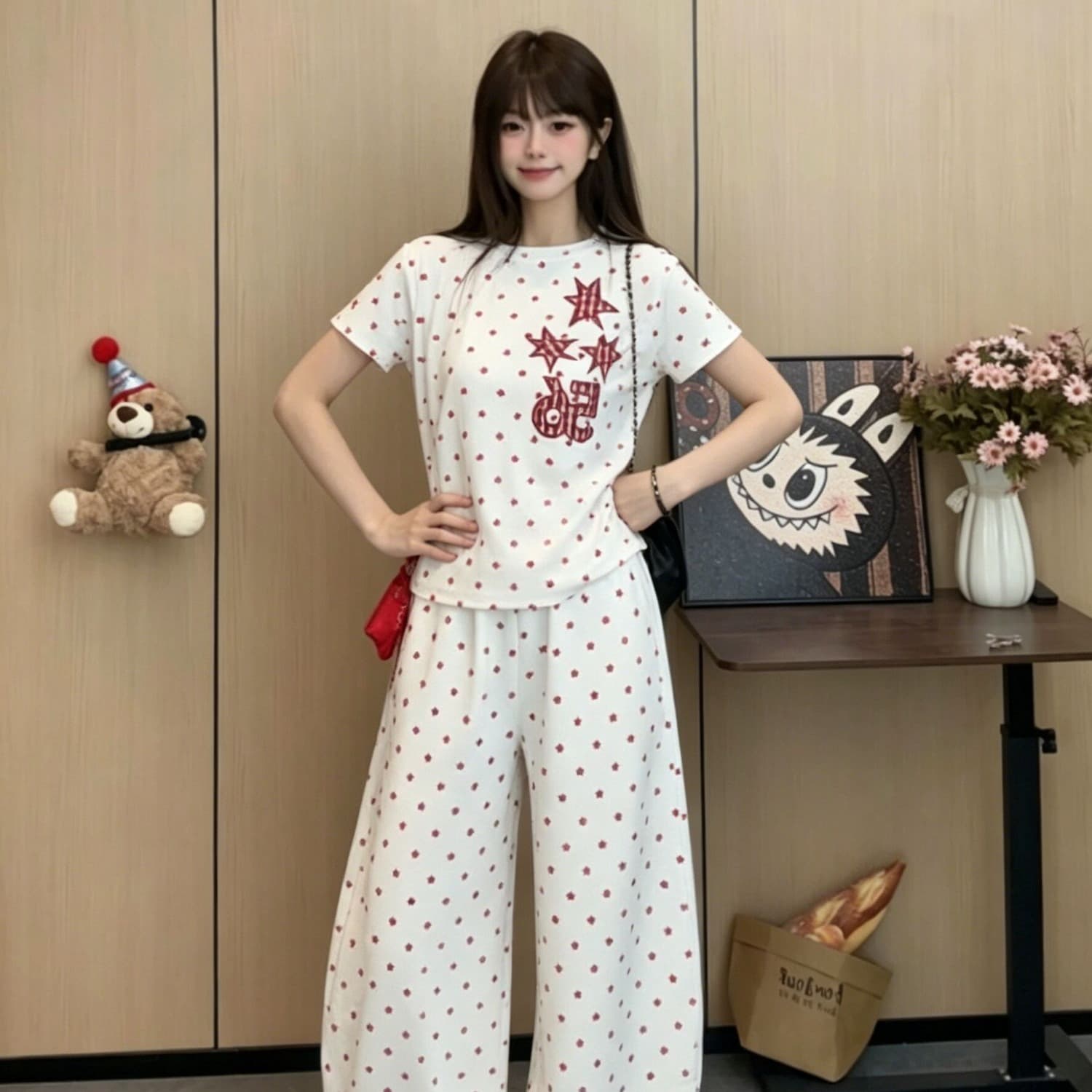 보내기 온 후크 아메리칸 별 캐주얼 두 조각 여성 세트 여름 반팔 티셔츠 와이드 레그 팬츠 세트 한국 대외 무역 국경 간 이미지 5