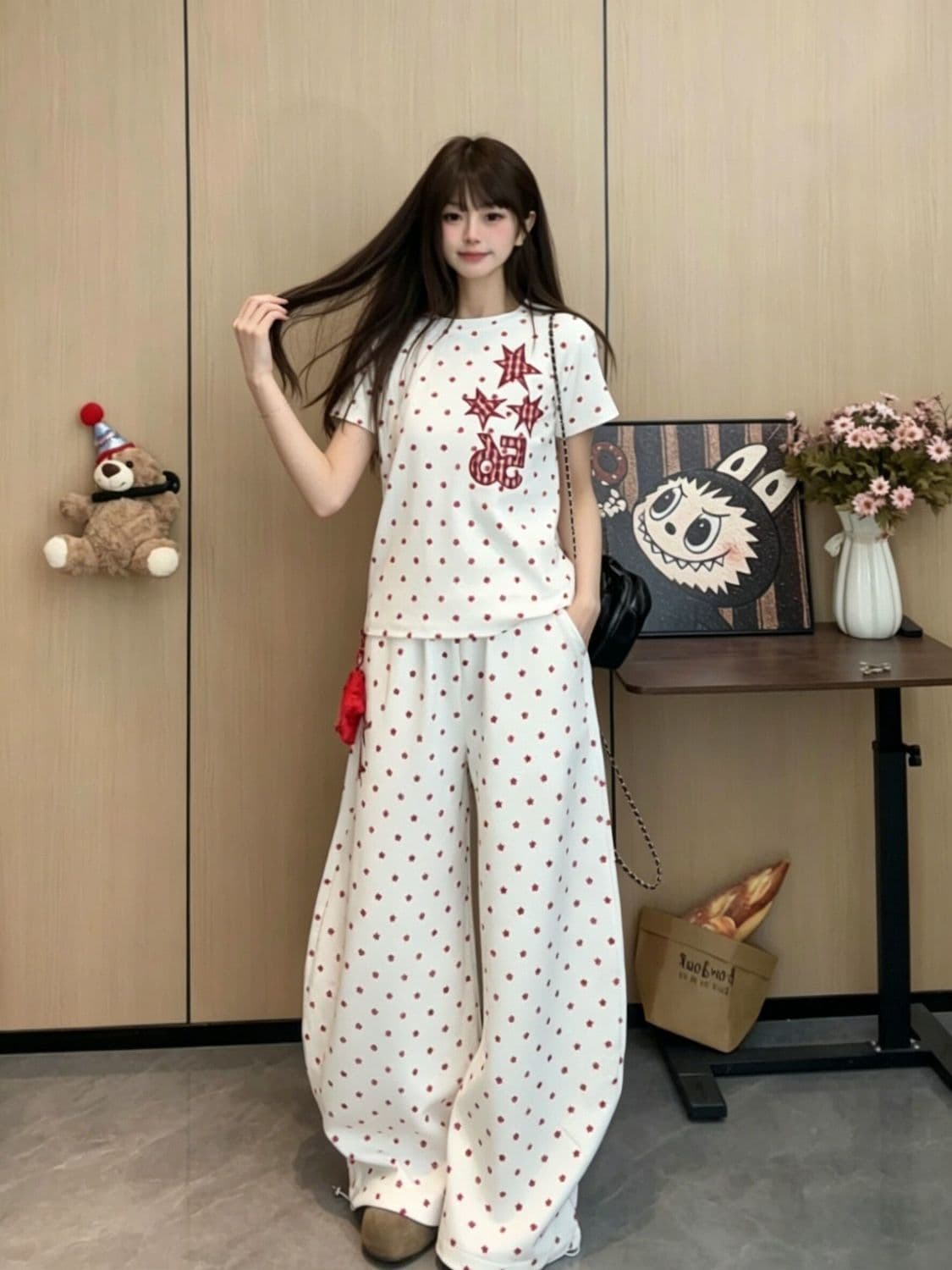 보내기 온 후크 아메리칸 별 캐주얼 두 조각 여성 세트 여름 반팔 티셔츠 와이드 레그 팬츠 세트 한국 대외 무역 국경 간 상세 이미지 5