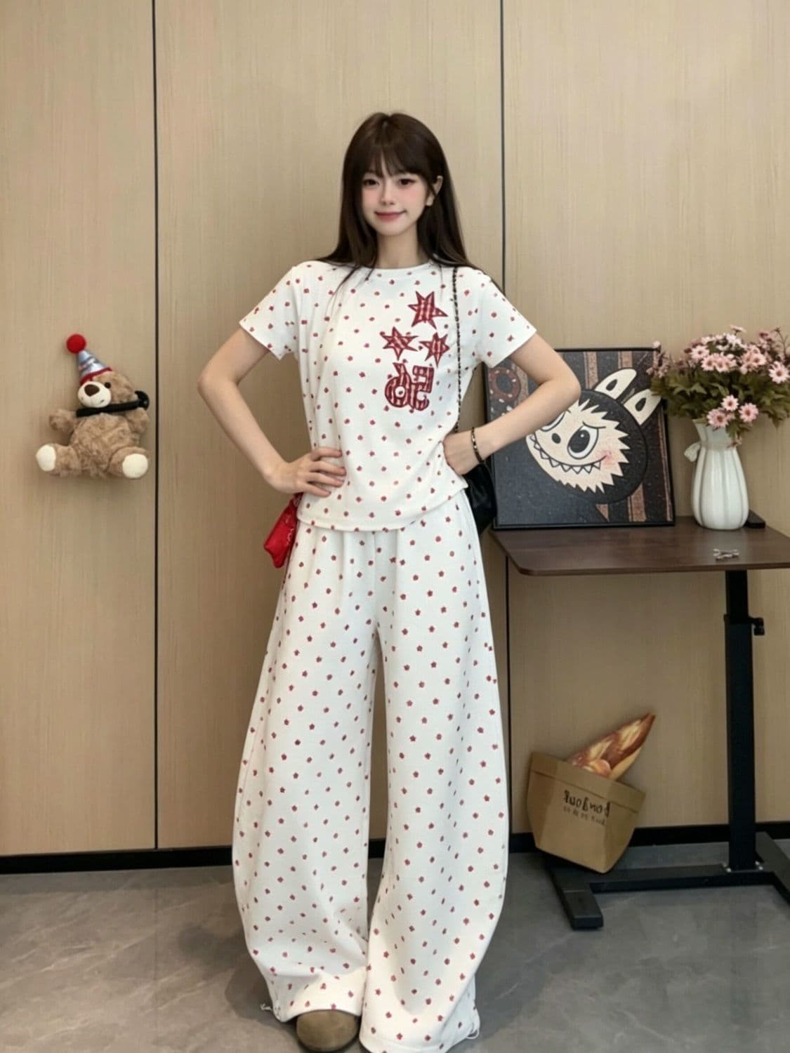 보내기 온 후크 아메리칸 별 캐주얼 두 조각 여성 세트 여름 반팔 티셔츠 와이드 레그 팬츠 세트 한국 대외 무역 국경 간 상세 이미지 7