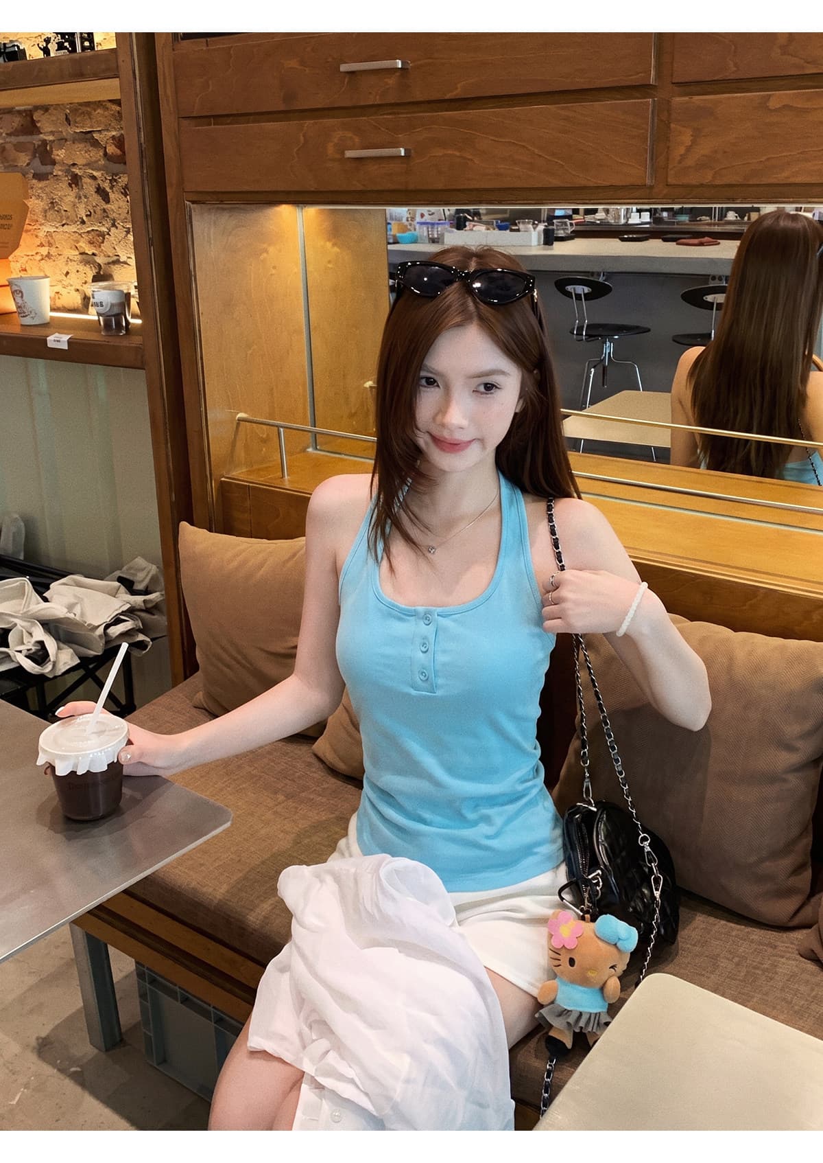 사람들 면 260 그램 파란색 행침 목 맨위 캐미솔 외출용 디자인 센스 핫걸 착용 한국 대외 무역 국경 간 상세 이미지 7