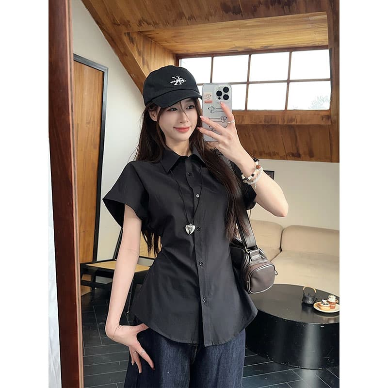 한 부서 반팔 셔츠 여성 의류 새로운 여름 디자인 센스 허리 수축 슬림해 보이는 주름 POLO 칼라 셔츠 ins 이미지 2