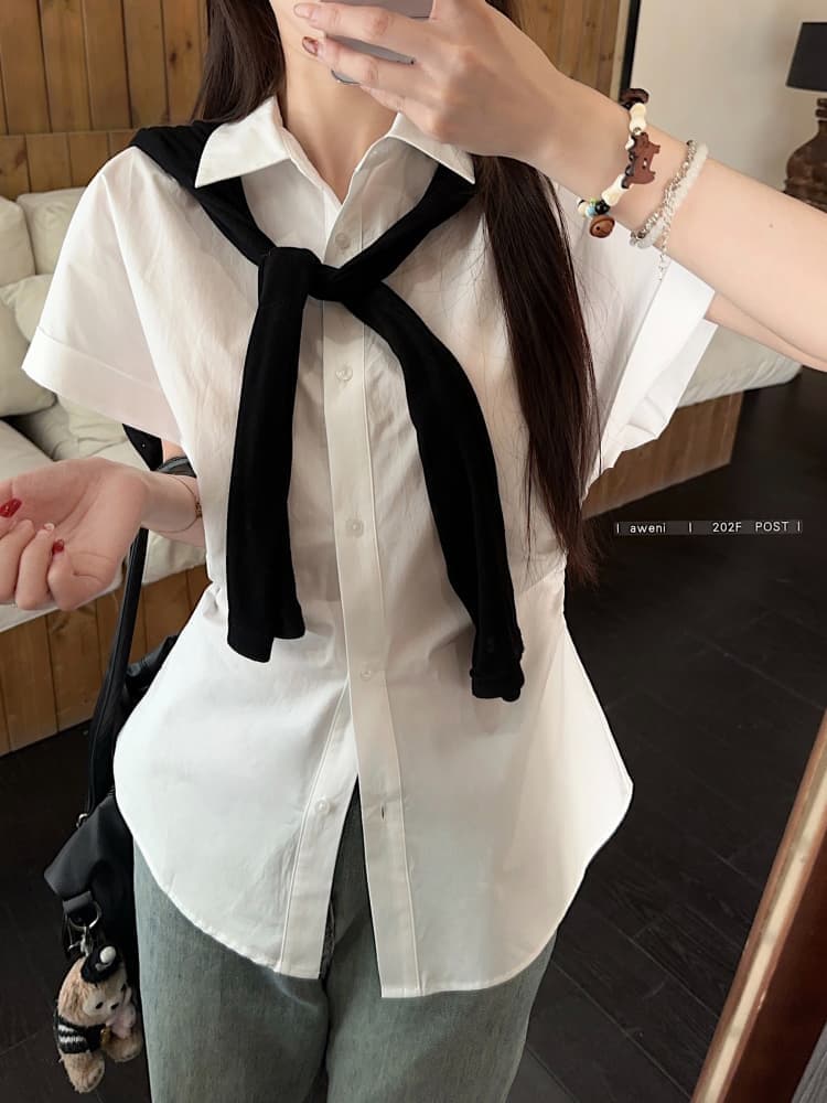 한 부서 반팔 셔츠 여성 의류 새로운 여름 디자인 센스 허리 수축 슬림해 보이는 주름 POLO 칼라 셔츠 ins 상세 이미지 3
