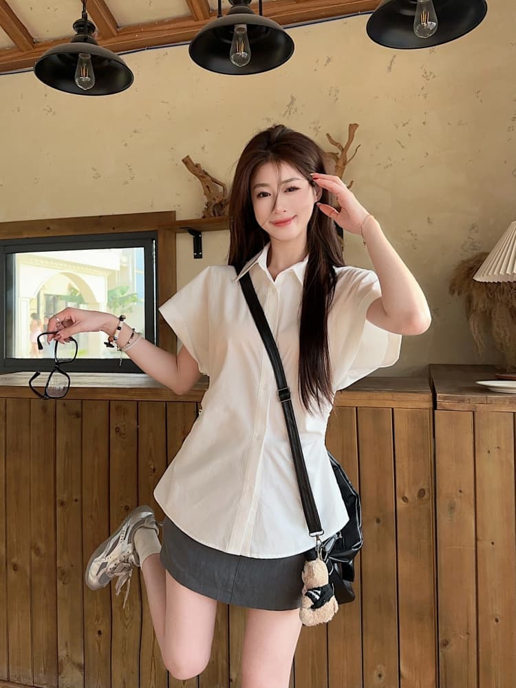 한 부서 반팔 셔츠 여성 의류 새로운 여름 디자인 센스 허리 수축 슬림해 보이는 주름 POLO 칼라 셔츠 ins 상세 이미지 9