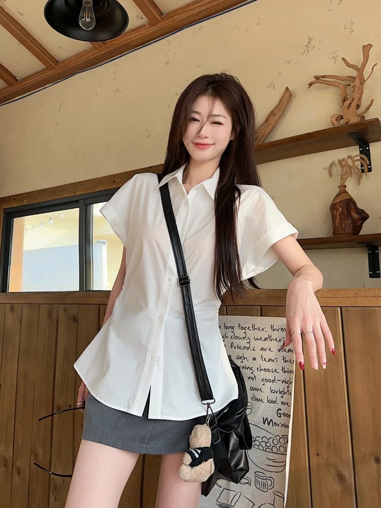 한 부서 반팔 셔츠 여성 의류 새로운 여름 디자인 센스 허리 수축 슬림해 보이는 주름 POLO 칼라 셔츠 ins 상세 이미지 10