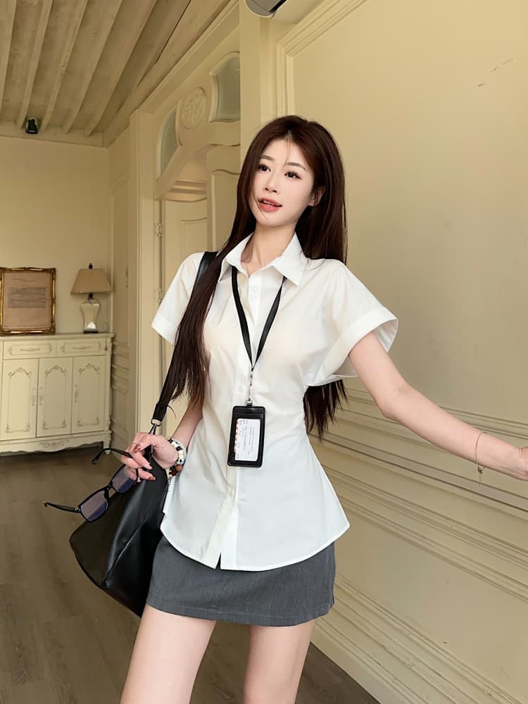 한 부서 반팔 셔츠 여성 의류 새로운 여름 디자인 센스 허리 수축 슬림해 보이는 주름 POLO 칼라 셔츠 ins 상세 이미지 13