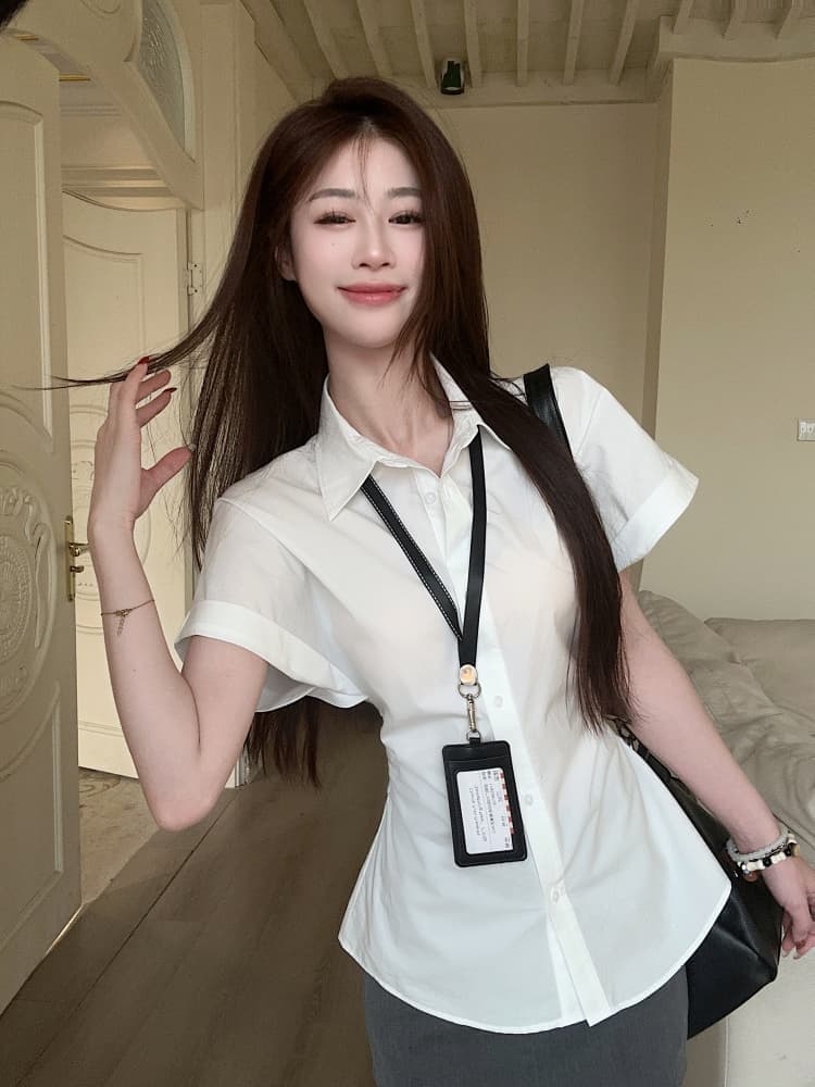 한 부서 반팔 셔츠 여성 의류 새로운 여름 디자인 센스 허리 수축 슬림해 보이는 주름 POLO 칼라 셔츠 ins 상세 이미지 15