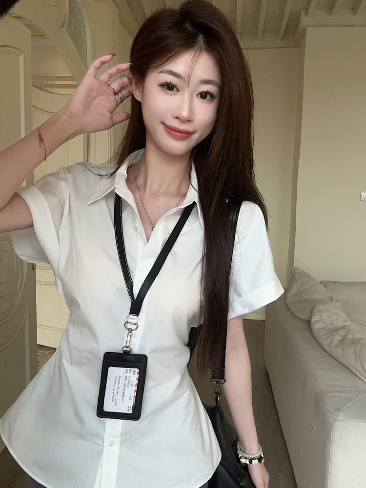 한 부서 반팔 셔츠 여성 의류 새로운 여름 디자인 센스 허리 수축 슬림해 보이는 주름 POLO 칼라 셔츠 ins 상세 이미지 16