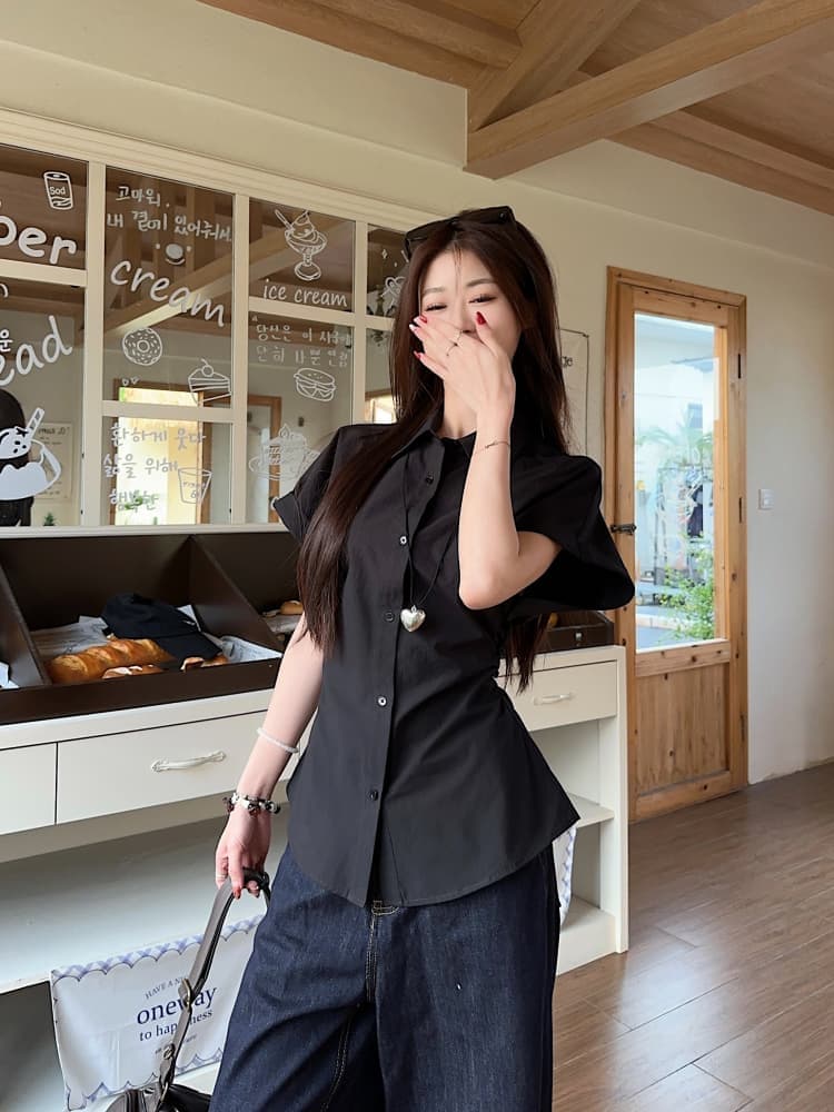 한 부서 반팔 셔츠 여성 의류 새로운 여름 디자인 센스 허리 수축 슬림해 보이는 주름 POLO 칼라 셔츠 ins 상세 이미지 17