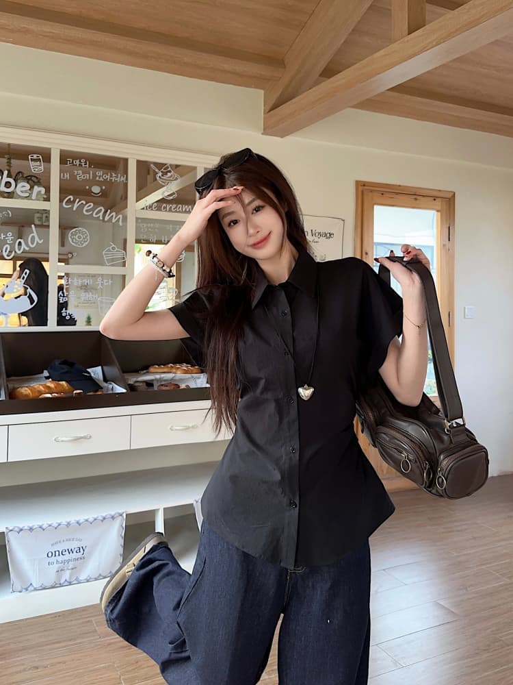 한 부서 반팔 셔츠 여성 의류 새로운 여름 디자인 센스 허리 수축 슬림해 보이는 주름 POLO 칼라 셔츠 ins 상세 이미지 18