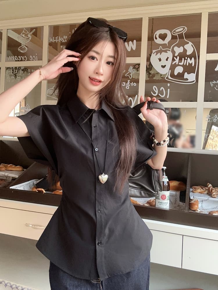 한 부서 반팔 셔츠 여성 의류 새로운 여름 디자인 센스 허리 수축 슬림해 보이는 주름 POLO 칼라 셔츠 ins 상세 이미지 21