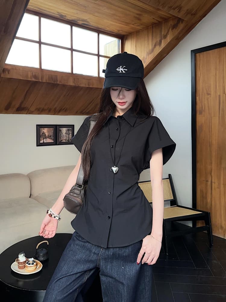 한 부서 반팔 셔츠 여성 의류 새로운 여름 디자인 센스 허리 수축 슬림해 보이는 주름 POLO 칼라 셔츠 ins 상세 이미지 26