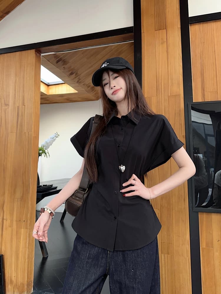 한 부서 반팔 셔츠 여성 의류 새로운 여름 디자인 센스 허리 수축 슬림해 보이는 주름 POLO 칼라 셔츠 ins 상세 이미지 28