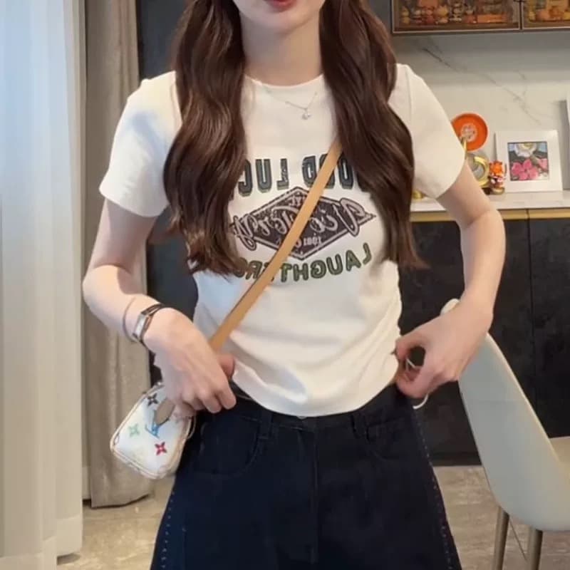 품질 레트로 빅 사이즈 긍정적 인 어깨 슬림해 보이는 반팔 티셔츠 여름 디자인 센스 펌프 로프 몸매 가꾸기 맨위 여성 한국 대외 무역 상세 이미지 13