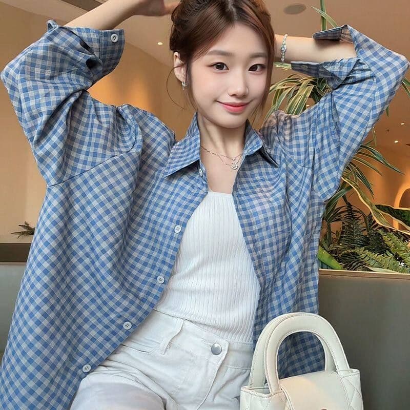 순면 레트로 스타일 파란색 격자 무늬 셔츠 여성 긴 소매 루즈핏 오픈 가디건 슬림해 보이는 품격 봄 가을 얇은 스타일 다용도 재킷 이미지 2