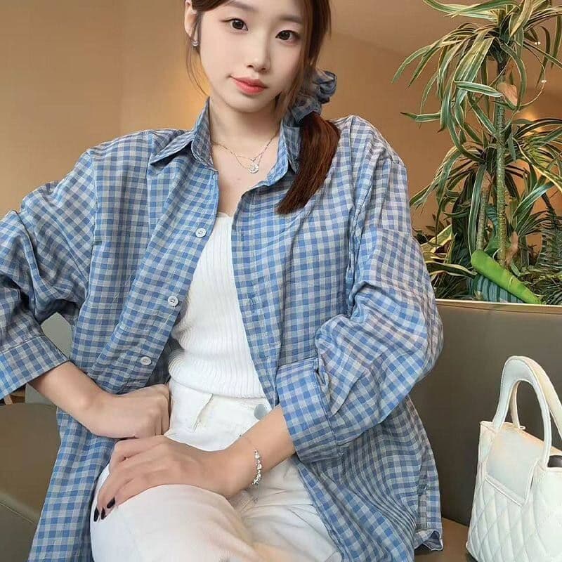 순면 레트로 스타일 파란색 격자 무늬 셔츠 여성 긴 소매 루즈핏 오픈 가디건 슬림해 보이는 품격 봄 가을 얇은 스타일 다용도 재킷 상세 이미지 3