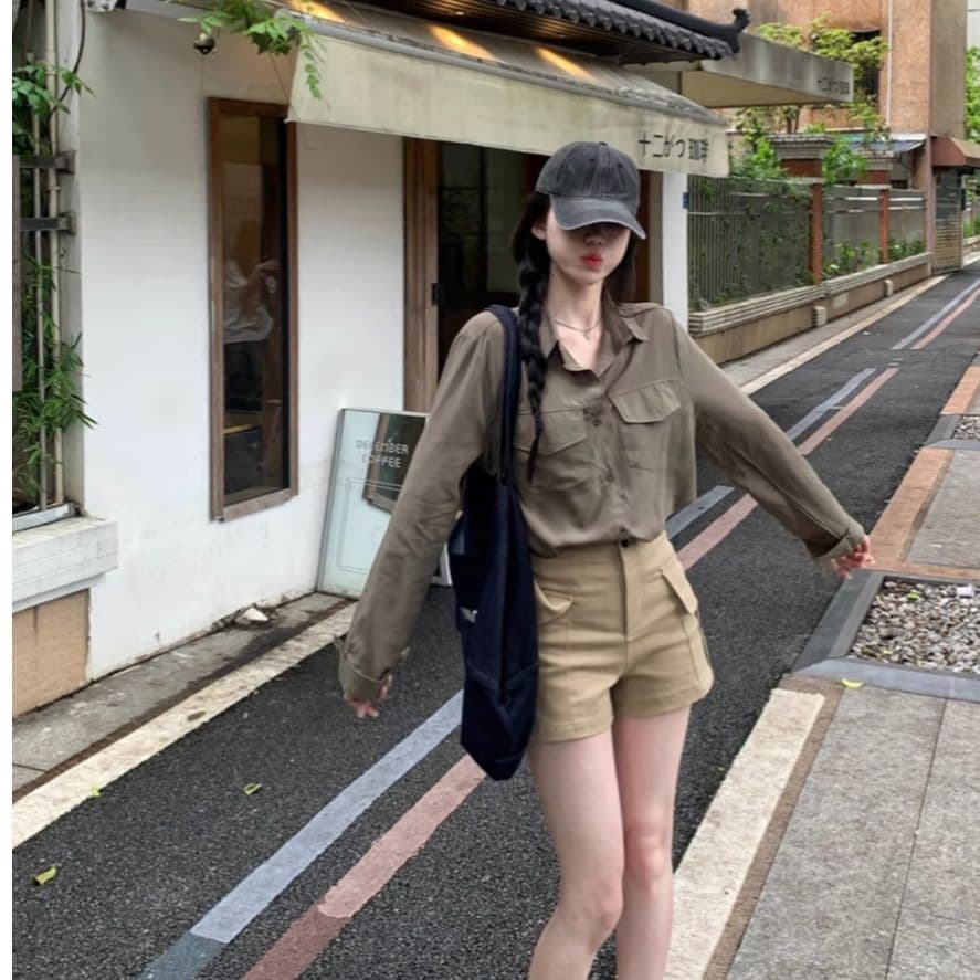 레트로 느긋한 바람 긴팔 POLO 칼라 여성 셔츠 봄 가을 루즈핏 슬림해 보이는 오픈 가디건 셔츠 군용 녹색 다용도 맨위