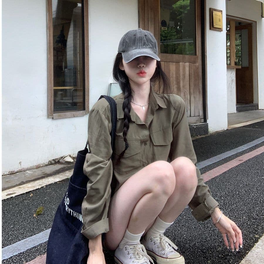 레트로 느긋한 바람 긴팔 POLO 칼라 여성 셔츠 봄 가을 루즈핏 슬림해 보이는 오픈 가디건 셔츠 군용 녹색 다용도 맨위 이미지 2