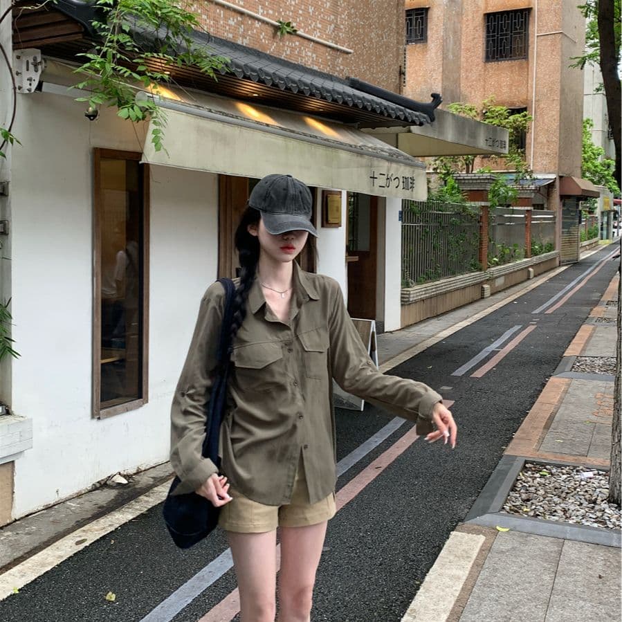 레트로 느긋한 바람 긴팔 POLO 칼라 여성 셔츠 봄 가을 루즈핏 슬림해 보이는 오픈 가디건 셔츠 군용 녹색 다용도 맨위 이미지 4