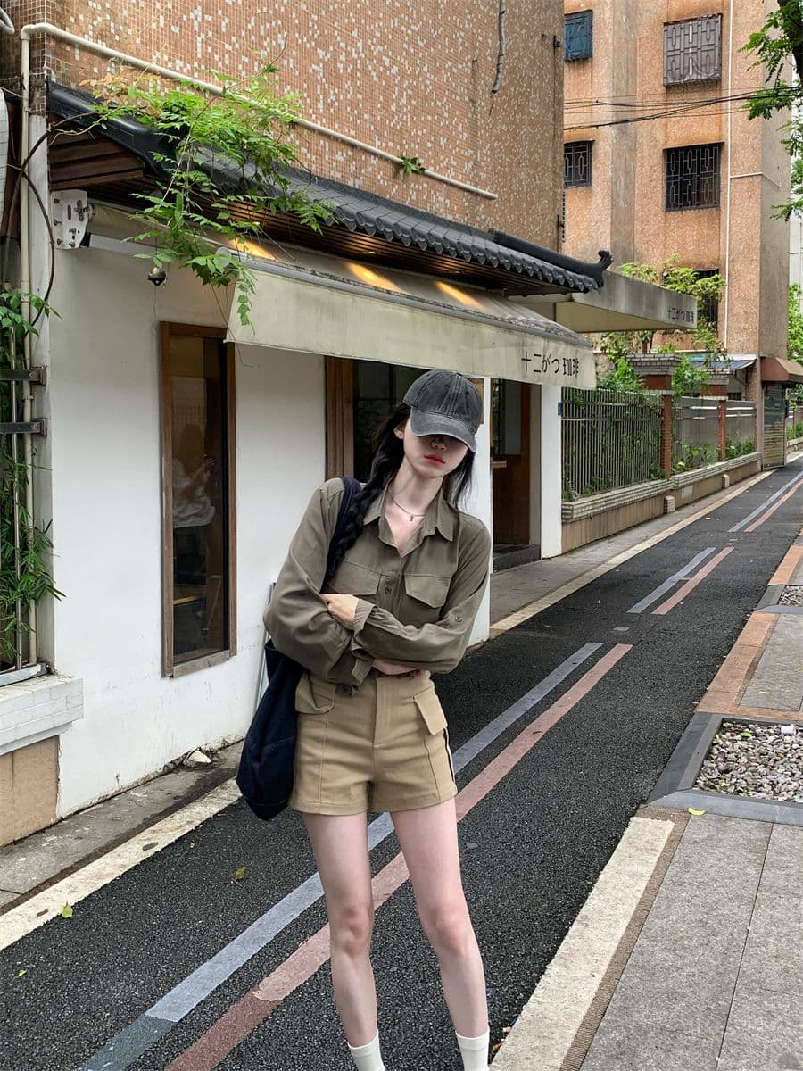 레트로 느긋한 바람 긴팔 POLO 칼라 여성 셔츠 봄 가을 루즈핏 슬림해 보이는 오픈 가디건 셔츠 군용 녹색 다용도 맨위 상세 이미지 4