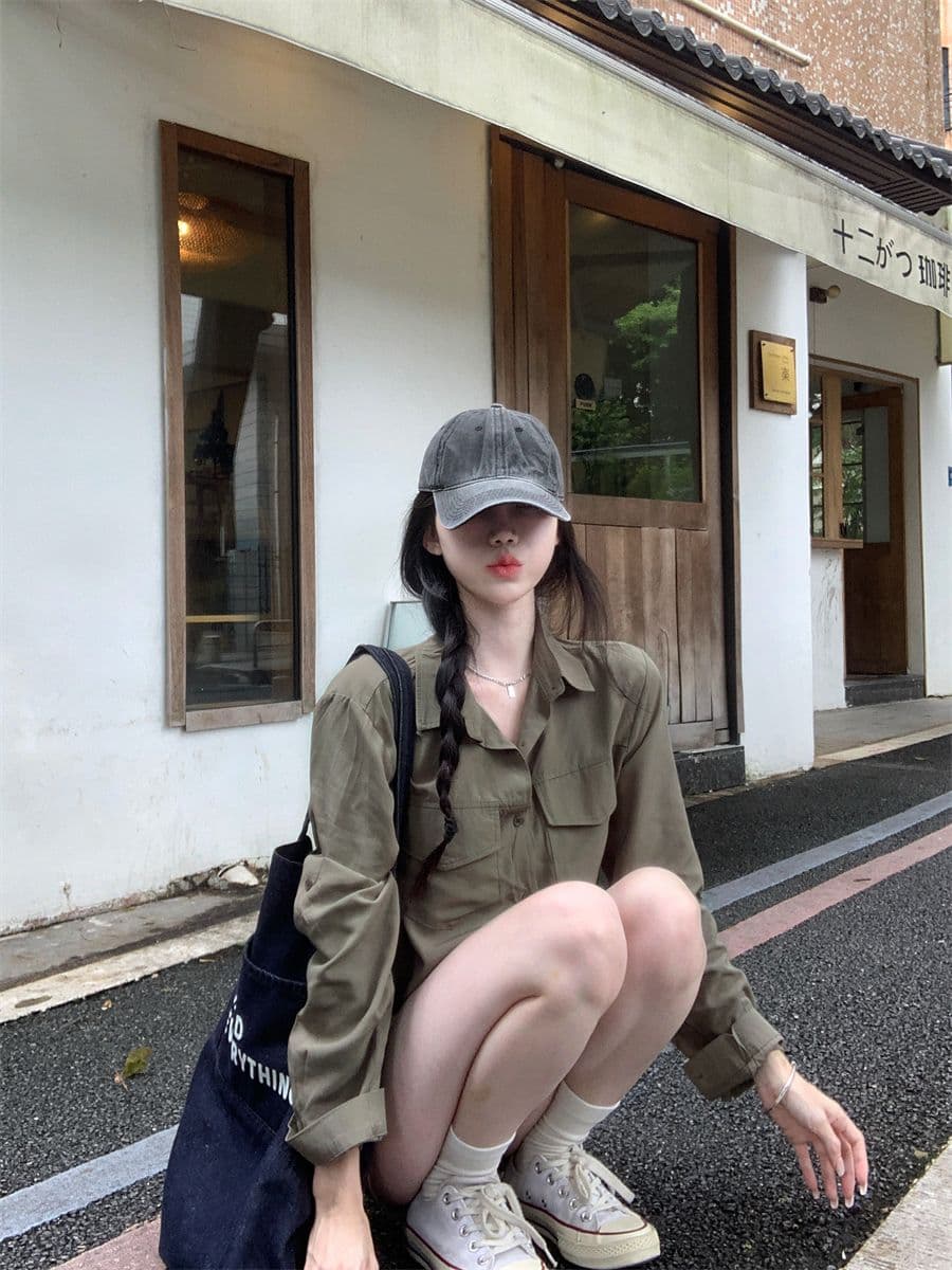 레트로 느긋한 바람 긴팔 POLO 칼라 여성 셔츠 봄 가을 루즈핏 슬림해 보이는 오픈 가디건 셔츠 군용 녹색 다용도 맨위 상세 이미지 8