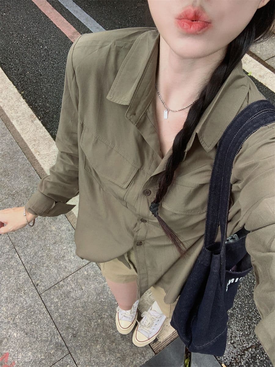 레트로 느긋한 바람 긴팔 POLO 칼라 여성 셔츠 봄 가을 루즈핏 슬림해 보이는 오픈 가디건 셔츠 군용 녹색 다용도 맨위 상세 이미지 9