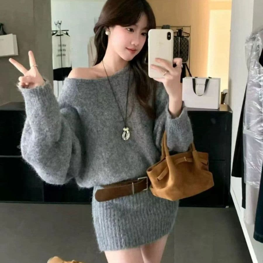 가을 겨울 오프숄더 스웨터 여자 루즈핏 느긋한 바람 니트 스웨터 맨위 다용도 단색 스웨터 드레스 한 싱글 대외 무역