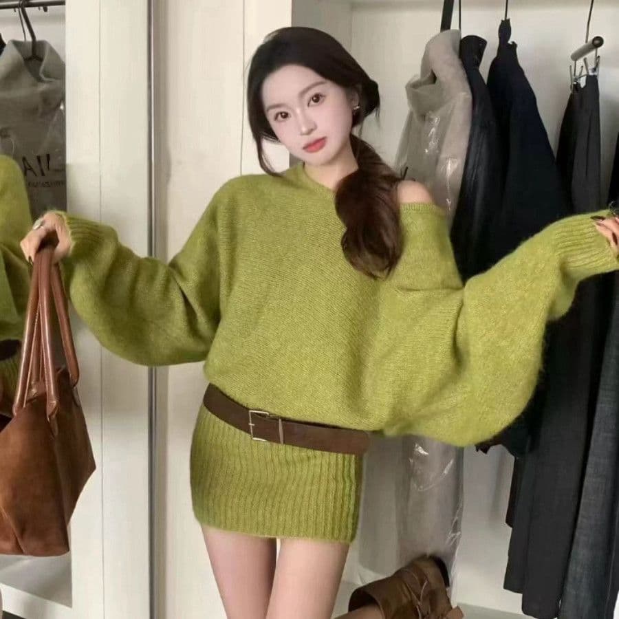 가을 겨울 오프숄더 스웨터 여자 루즈핏 느긋한 바람 니트 스웨터 맨위 다용도 단색 스웨터 드레스 한 싱글 대외 무역 이미지 4