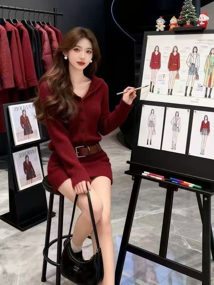 천 골드 센스 품격 핫걸 빨간색 니트 드레스 여성 의류 2026 가을 새로운 데이트 허리 수축 타이트 스커트 미니 스커트 이미지 3