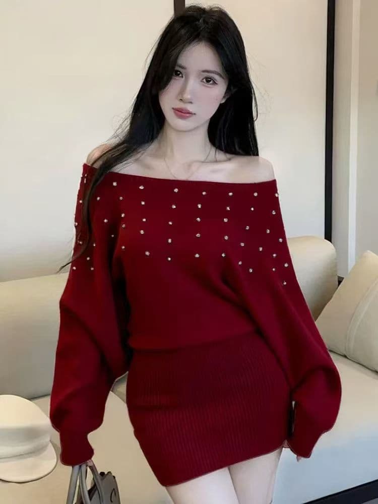 순수한 욕망 섹시함 고급 핫픽스 오프숄더 스웨터 드레스 프랑스식 하이웨이스트 품격 명문 여성 몸매 가꾸기 슬림해 보이는 니트 드레스 이미지 3