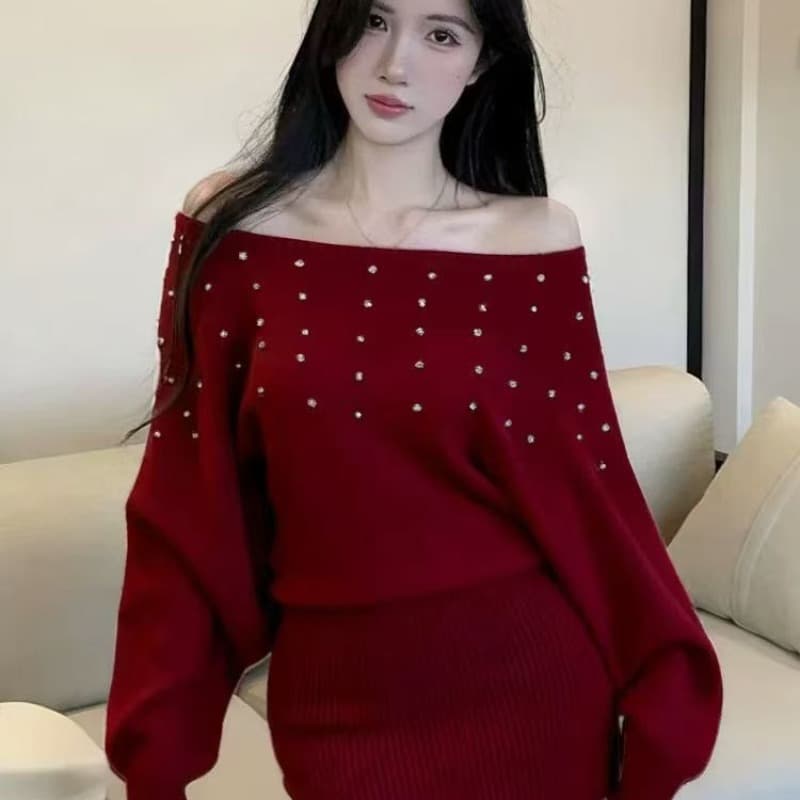 순수한 욕망 섹시함 고급 핫픽스 오프숄더 스웨터 드레스 프랑스식 하이웨이스트 품격 명문 여성 몸매 가꾸기 슬림해 보이는 니트 드레스 이미지 5