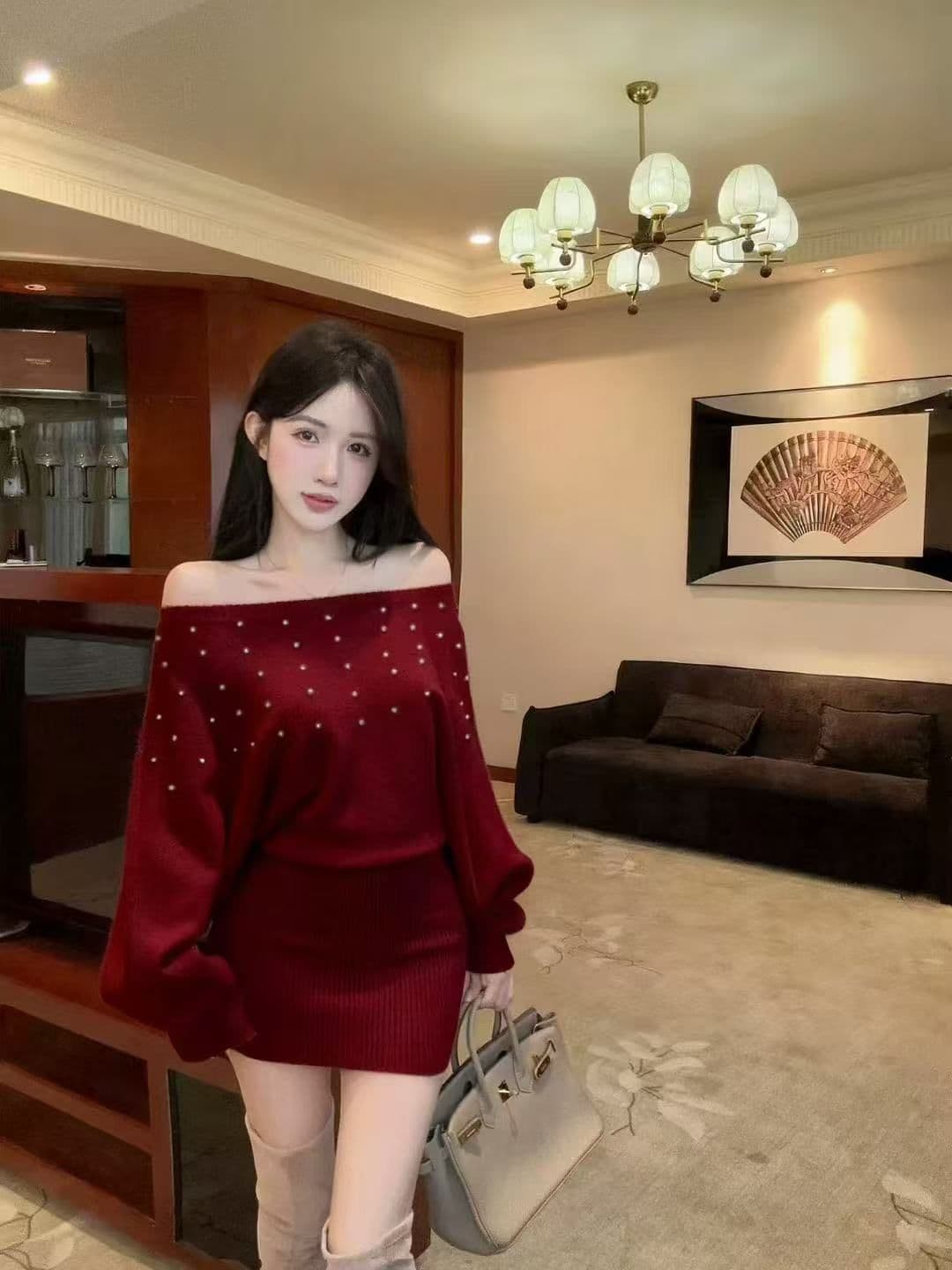 순수한 욕망 섹시함 고급 핫픽스 오프숄더 스웨터 드레스 프랑스식 하이웨이스트 품격 명문 여성 몸매 가꾸기 슬림해 보이는 니트 드레스 상세 이미지 1