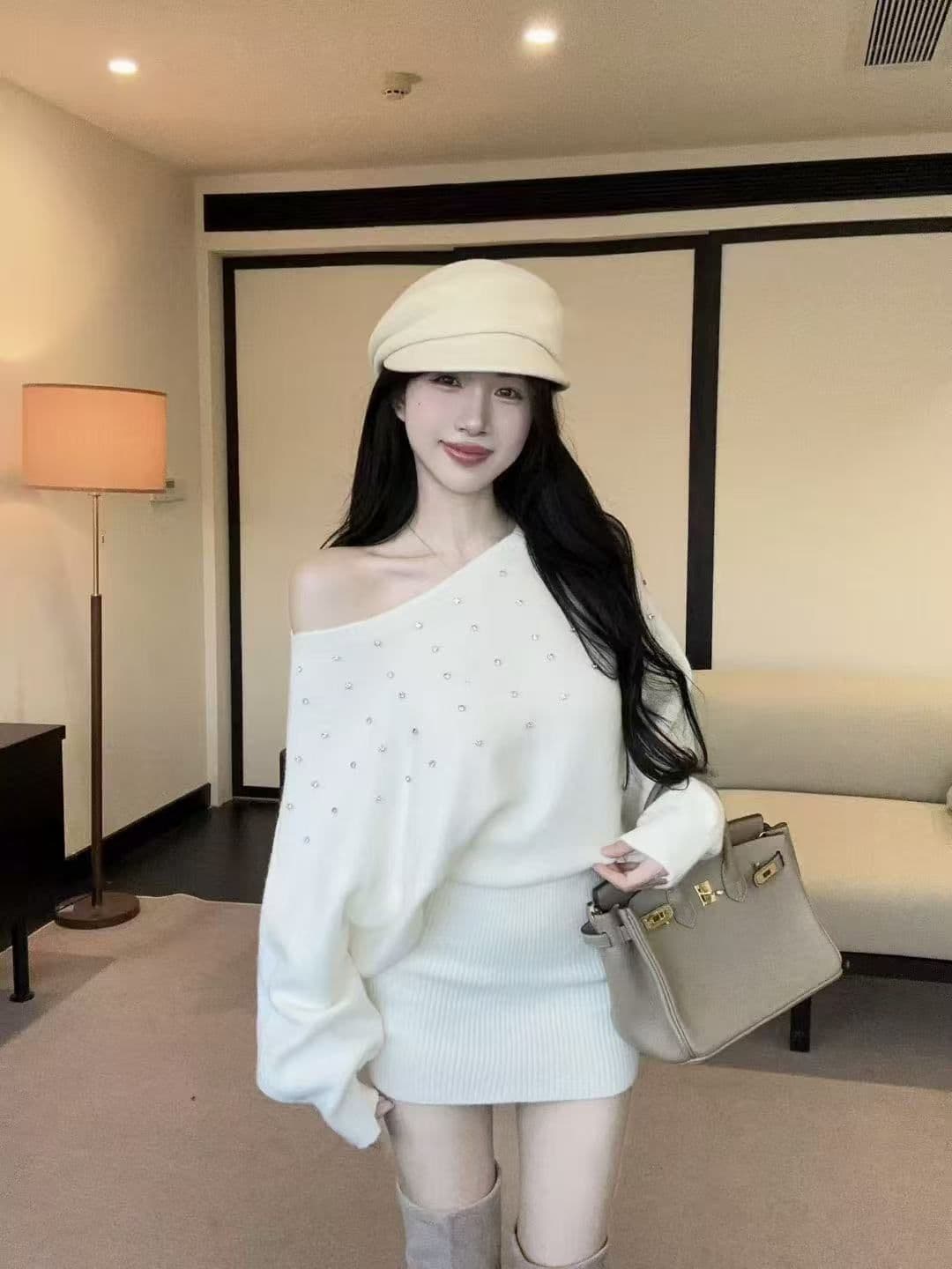 순수한 욕망 섹시함 고급 핫픽스 오프숄더 스웨터 드레스 프랑스식 하이웨이스트 품격 명문 여성 몸매 가꾸기 슬림해 보이는 니트 드레스 상세 이미지 5